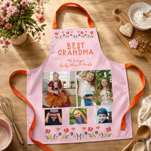 Best Grandma Flowers Pink 5 Photo Collage Keepsake Apron