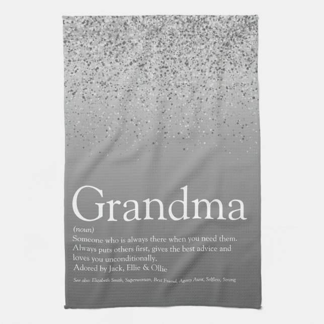 Best Grandma Grandmother Definition Silver Glitter Tea Towel (Vertical)