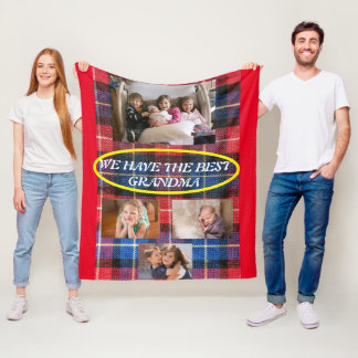 Best Grandma in Plaid 4 Family Photos Red Border Fleece Blanket
