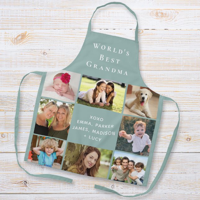Best Grandma Photo Collage Sage Green Apron (Creator Uploaded)