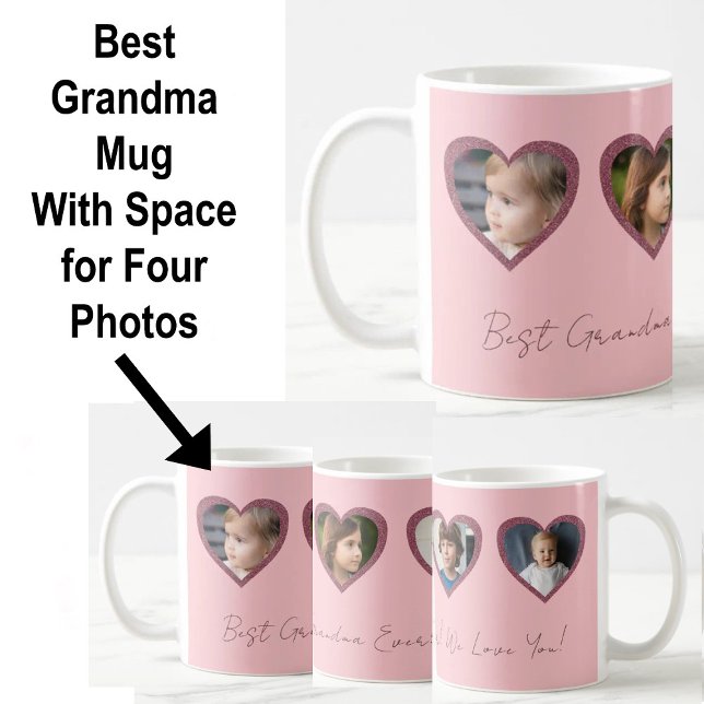 Best Grandma Pink Hearts Four Kids Photo Collage Coffee Mug (Creator Uploaded)