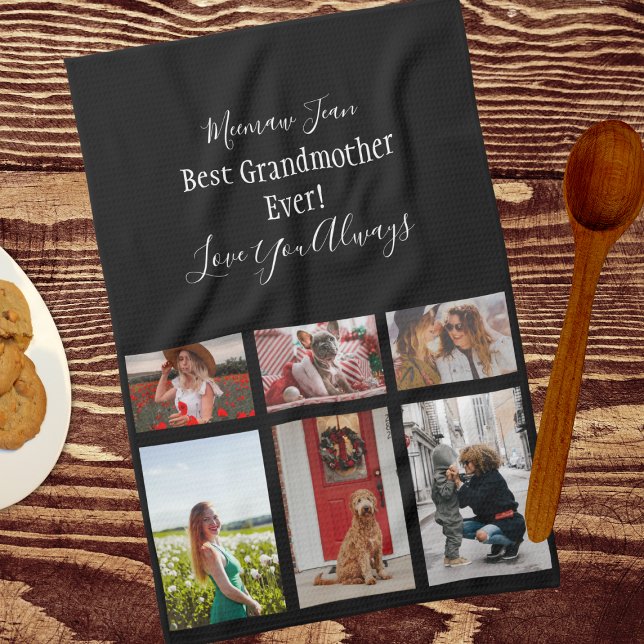 Best Grandmother Ever 6 Photo Collage White Script Tea Towel (Creator Uploaded)