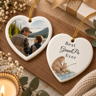 Best Grandpa Bear Ever Fishing Photo Heart Ceramic Ornament