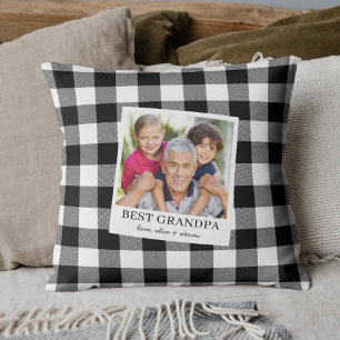 Best Grandpa Black and White Plaid Photo Cushion