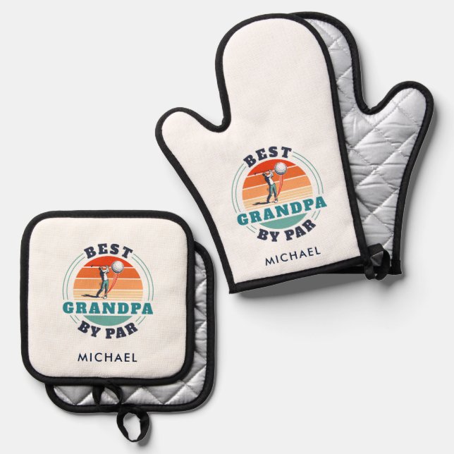 Best Grandpa By Par Golf Lover Dad Personalised Oven Mitt & Pot Holder Set (Front/Back)