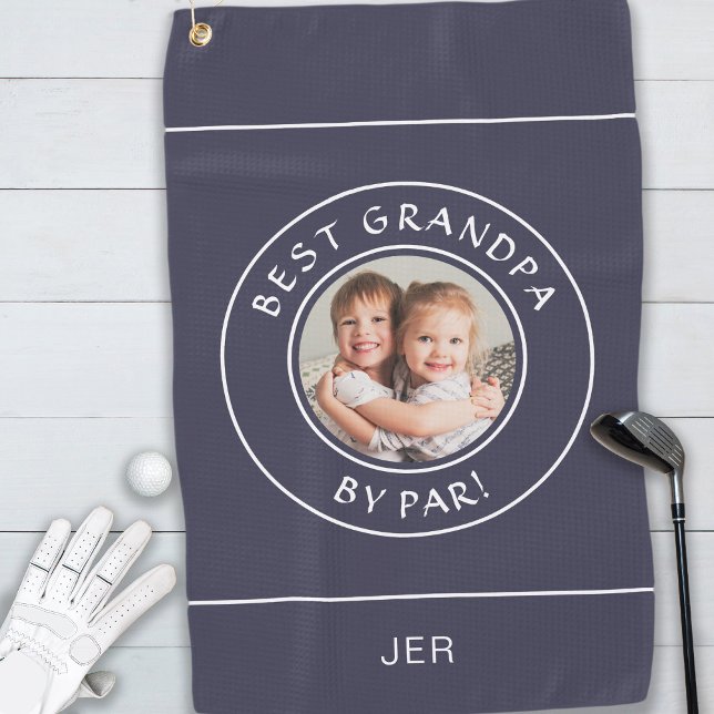 Best Grandpa By Par Golfer Modern Photo Gift Blue Golf Towel (Creator Uploaded)