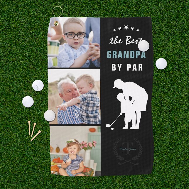 Best Grandpa By Par | Monogram Photo Collage Golf Towel (Creator Uploaded)