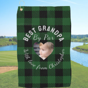 Best Grandpa Custom Kids Photo Green Buffalo Plaid Golf Towel