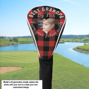 Best Grandpa Custom Kids Photo Red Buffalo Plaid Golf Head Cover