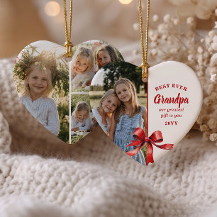Best Grandpa Ever 4 Photo Red Bow Heart Christmas Ceramic Ornament