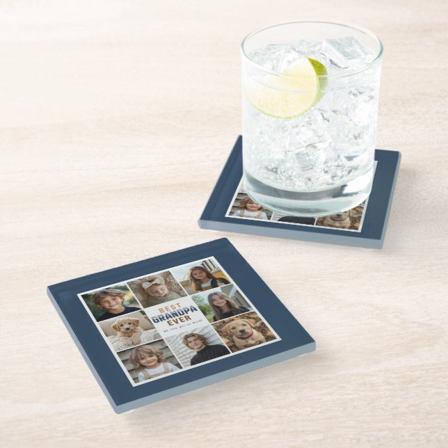 Best Grandpa Ever 8 Photo Collage Glass Coaster (Angled)