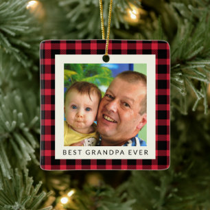 Best Grandpa Ever Buffalo Plaid Photo Christmas Ceramic Ornament