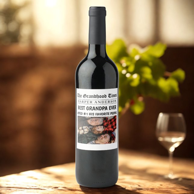 Best Grandpa Ever Custom Newspaper Photo Wine Label (Creator Uploaded)