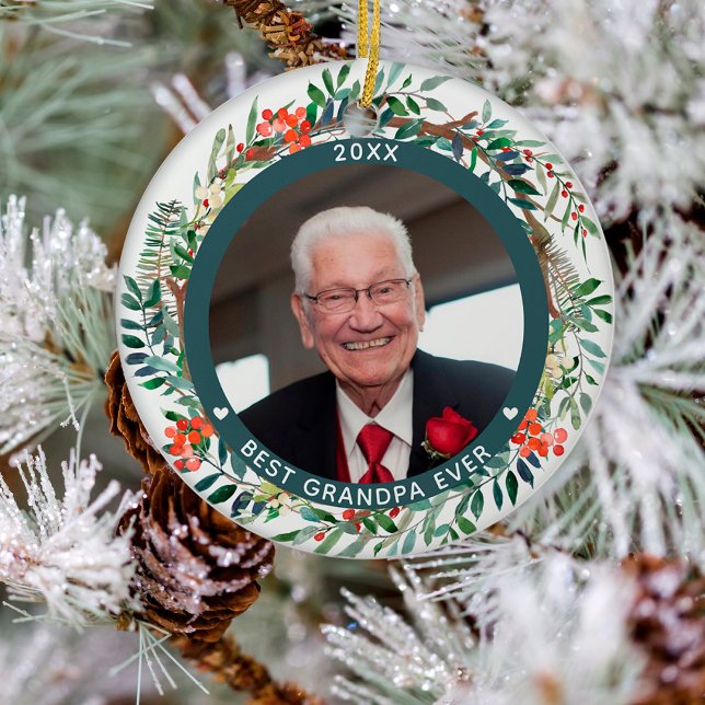 Best Grandpa Ever Photo Christmas Floral Ceramic Ornament (Creator Uploaded)