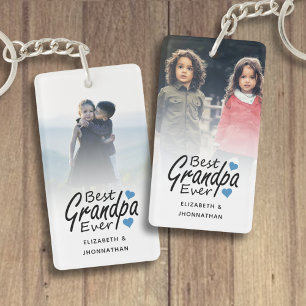 Best Grandpa Ever Script Name Blue Heart and Photo Key Ring