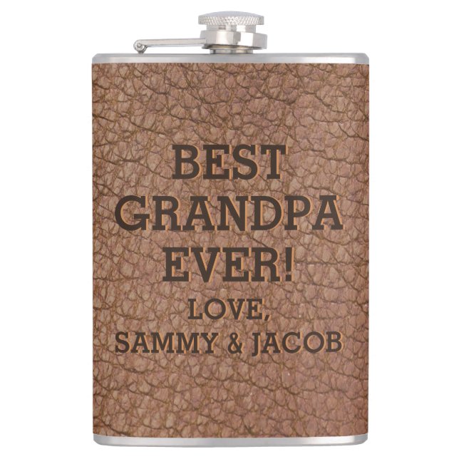 Best Grandpa Faux Embossed Leather Grain Texture Hip Flask (Front)