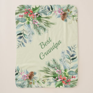 Best Grandpa Watercolor Evergreen Holly Berries Sherpa Blanket