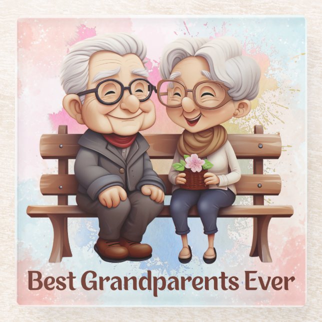 Best Grandparents Ever Sitting on the Bench Glass Coaster (Front)