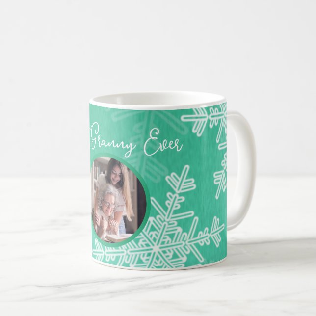 Best Granny Ever Emerald Snowflake Minimalist text Coffee Mug (Front Right)