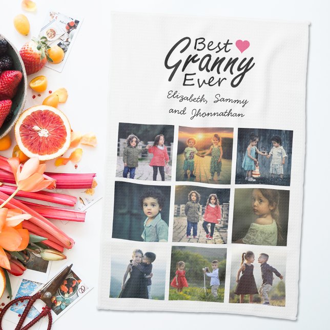 Best Granny Ever Modern Grandma Photo Collage Name Tea Towel (Creator Uploaded)