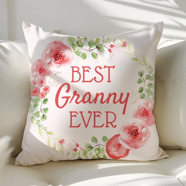 Best Granny Ever Watercolor Floral Wreath Cushion (Creator Uploaded)