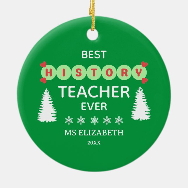 Best History Teacher Typography Christmas Green Ceramic Ornament (Back)