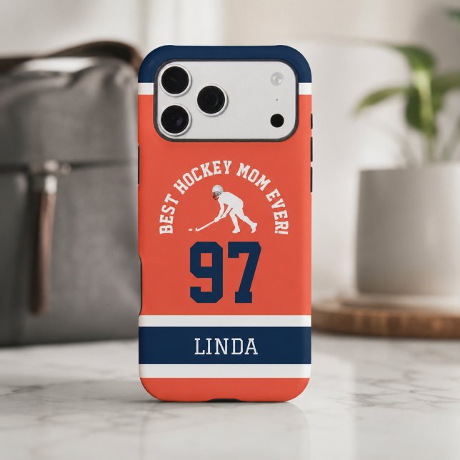 Best Hockey Mum Team Jersey (Orange navy hockey mom jersey phone case with player number and name design)