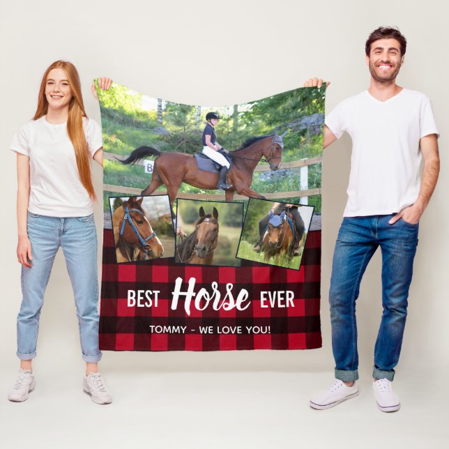 Best Horse Ever Red Buffalo Plaid Photo Collage Fleece Blanket (In Situ)