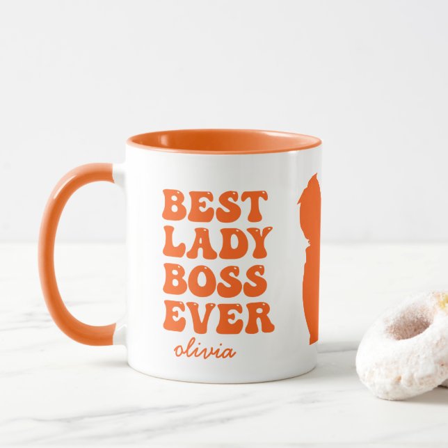 Best Lady Boss Ever Retro Orange Custom Name  Mug (With Donut)