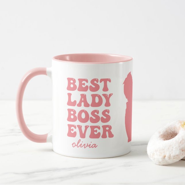 Best Lady Boss Ever Retro Pink Custom Name  Mug (With Donut)