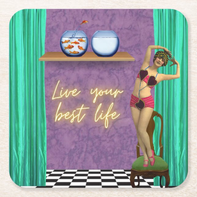 Best Life Funky Vintage Kitsch  Square Paper Coaster (Front)