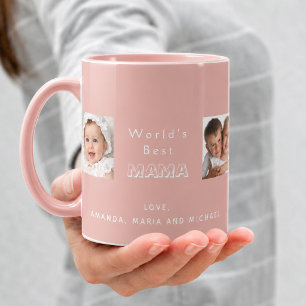 Best mama mother family photo collage kids pink mug