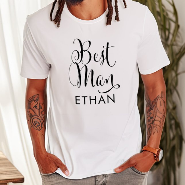 Best Man Black Script Personalised Wedding T-Shirt (Creator Uploaded)