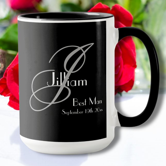 Best Man Black White Grey Monogram + Name + Date Mug (A wonderful gift for your Best Man. Black, White & Gray Design with Monogram plus Name and Date Mug.)