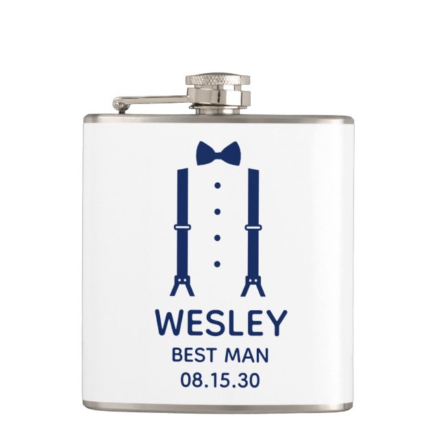 Best Man Blue Bow Tie Hip Flask (Front)
