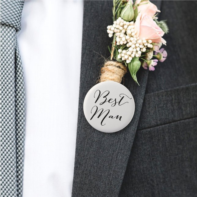Best Man Calligraphy Wedding Bridal Party Button ('Best Man' Classic Script Calligraphy Wedding Rehearsal Pin Button @ fatfatin_blue_knot)