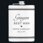 Best Man Custom Personalised Wedding Party  Hip Flask<br><div class="desc">Best Man Custom Personalised Name Wedding Party Flask features the Best Man's name with the bridal couple's names and wedding date accented with a small love heart. Custom made for the Best Man. Designed by ©2024 Evco Studio www.zazzle.com/store/evcostudio</div>