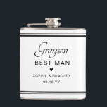 Best Man Custom Personalised Wedding Party  Hip Flask<br><div class="desc">Best Man Custom Personalised Name Wedding Party Flask features the Best Man's name with the bridal couple's names and wedding date accented with a small love heart. Custom made for the Best Man. Designed by ©2024 Evco Studio www.zazzle.com/store/evcostudio</div>