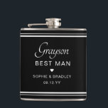 Best Man Custom Personalised Wedding Party  Hip Flask<br><div class="desc">Best Man Custom Personalised Name Wedding Party Flask features the Best Man's name with the bridal couple's names and wedding date accented with a small love heart. Custom made for the Best Man. Designed by ©2024 Evco Studio www.zazzle.com/store/evcostudio</div>