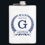 Best Man Initials Hip Flask<br><div class="desc">These 8 oz. flasks are a great favour for the best man in your wedding.  They are traditional yet modern with a blue laurel wreath and banner with the wedding date,  title/job and first initial and first name all in blue.  They'd be great for a bachelor party or weekend.</div>