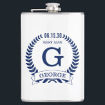Best Man Initials Hip Flask<br><div class="desc">These 8 oz. flasks are a great favour for the best man in your wedding.  They are traditional yet modern with a blue laurel wreath and banner with the wedding date,  title/job and first initial and first name all in blue.  They'd be great for a bachelor party or weekend.</div>
