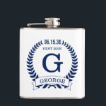 Best Man Initials Hip Flask<br><div class="desc">These 6 oz. flasks are a great favour for the best man in your wedding.  They are traditional yet modern with a blue laurel wreath and banner with the wedding date,  title/job and first initial and first name all in blue.  They'd be great for a bachelor party or weekend.</div>