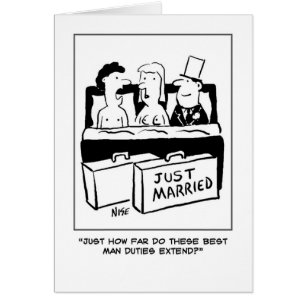 Best man joins the bride and groom in bed.