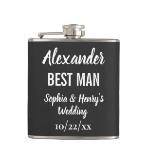 Best Man Modern Typography Script Black Wedding Hip Flask