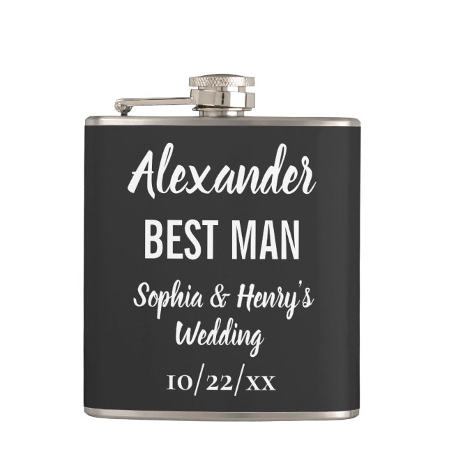 Best Man Modern Typography Script Black Wedding Hip Flask (Front)
