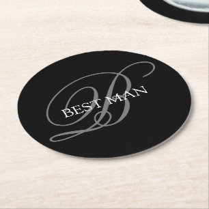 Best Man Monogram Black Grey Round Paper Coaster