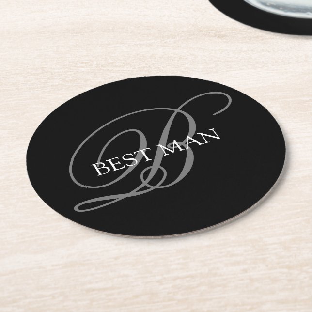 Best Man Monogram Black Grey Round Paper Coaster (Angled)
