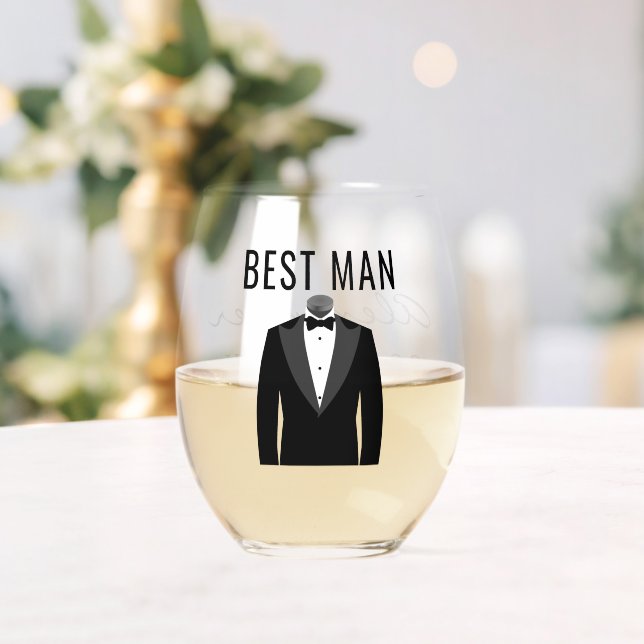 Best Man Name Black Tuxedo Wedding Date Stemless Wine Glass (Insitu (Wedding))