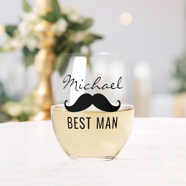 Best Man Name Moustache Wedding Date Stemless Wine Glass (Insitu (Wedding))