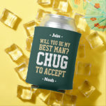 Best Man Proposal Chug to Accept Green Gold White Can Cooler<br><div class="desc">Get the wedding celebration started in style with a funny personalised best man proposal can cooler. The green, gold and white design features stylish modern typography names and a customisable request reading "Will you be my best man? Chug to accept". All text is simple to customise or delete and can...</div>